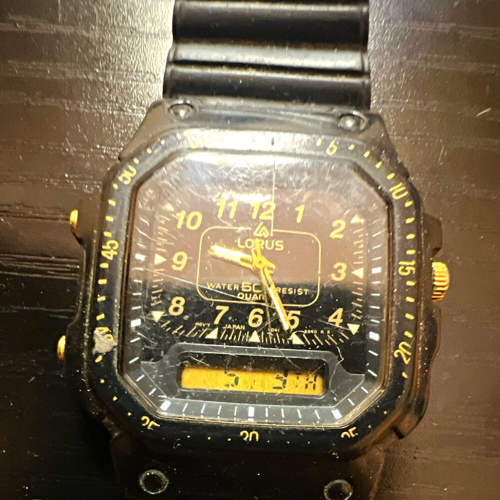 Lorus Quartz Analog Digital 50m Black Plastic Square Case Rubber Strap Watch